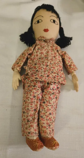 Vintage Chinese Ada Lum Cloth Doll - 12" Tall Floral Outfit W/Both Shoes