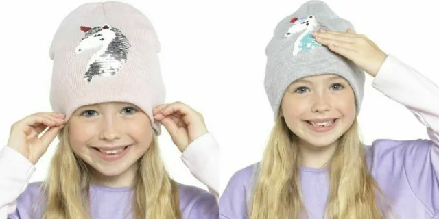 Cappello Beanie Inverno Unicorno Ragazze Glitter Paillettes Reversibili Rosa o Grigio - Natale
