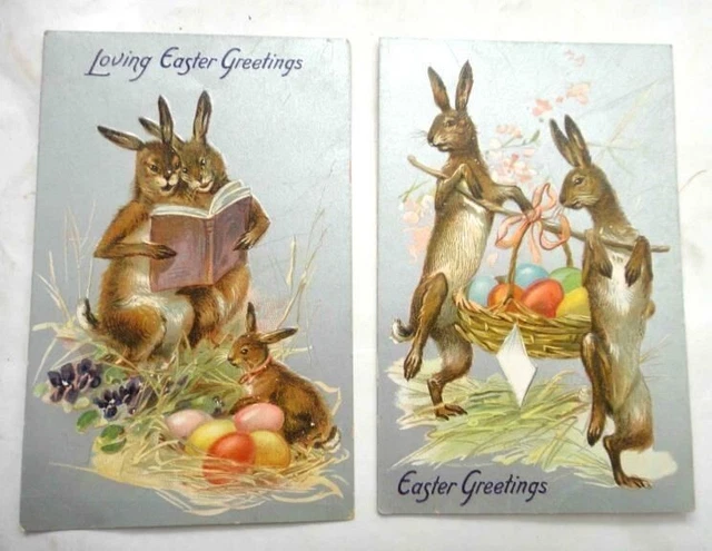 LOT antique 2 EASTER POSTCARDS HUMANIZED BUNNIES TUCK SERIES #112 EGGS BASKET