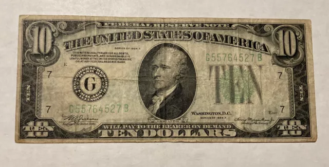 1934 A - U.S. Ten Dollar Bill Green Seal Federal Reserve Note