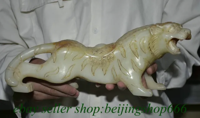 13.2" Old Chinese White Jade Carved Fengshui 12 Zodiac Year Tiger Statue