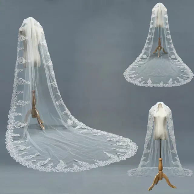 1 Tier 3M Cathedral Length Bridal Luxury Wedding Veil Lace Edge With Comb