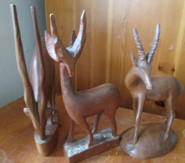 3 Vintage Wooden Antelope Gazelle Dear 1960s 70s  Hand Carved Teak BESMO PRODUCT