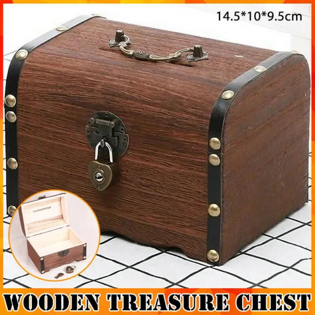 Wooden Treasure Chest Retro Money Storage Box Case Coin Piggy Bank Organizer AU
