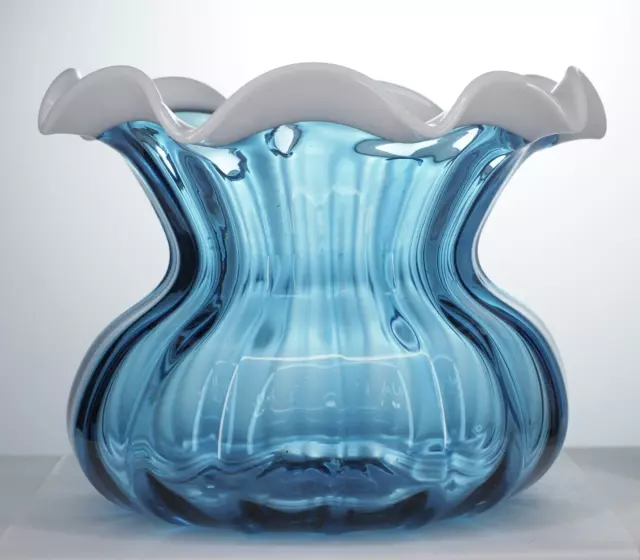 Hand blown Victorian blue glass vase, milk glass ruffled rim, pontil marked base 2