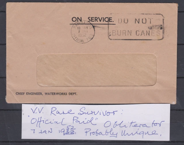 Barbados 1952 Cover OFFICIAL PAID  PROBABLY UNIQUE