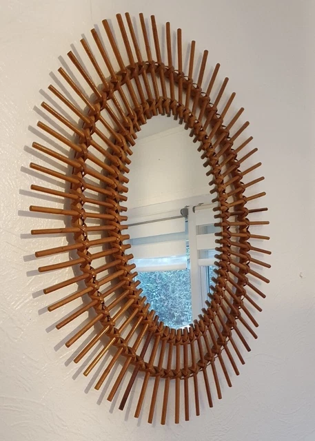Grande Espejo Sol Oval De Ratán Diseño De Años 1950 Talla 62cm X 50cm