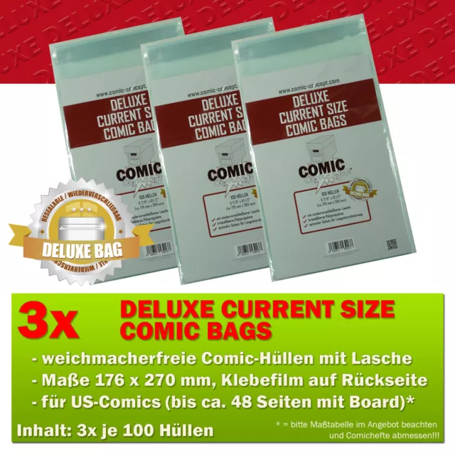 300x Comic Concept Deluxe Current Size Comic Bags Hüllen m. Lasche 176 x 270 mm
