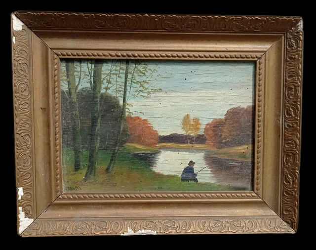 Peinture À Lhuile Le Pêcheur Au Bord De La Rivière 1920 Signé Breems Eur 12000 Picclick Fr