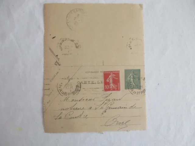 Carte lettre entier postal 15c complément - 10c 1920