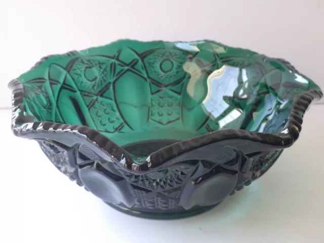 Vintage Emerald Green Pressed Glass Bowl w/ Sawtooth Scalloped Rim