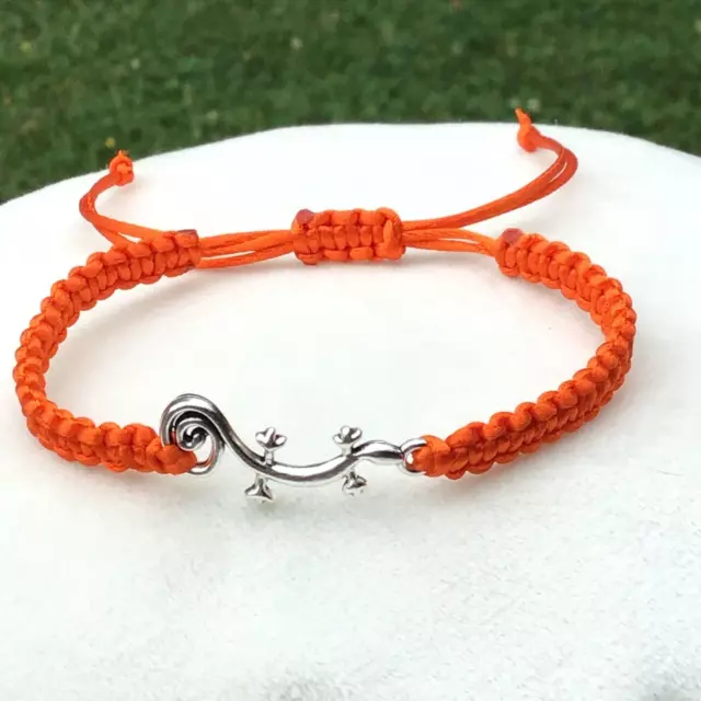 BOHO Makramee - Armband Gecko Silber / Orange Satin Band Freundschaftsarmband