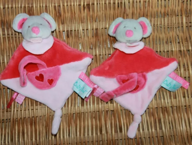 Doudou Babynat Souris Plat Rose Gris Coeur Poche Attache Tetine Lot 2 Neuf