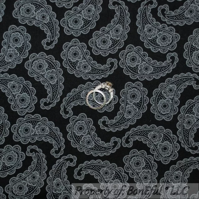 BonEful Fabric FQ Cotton Quilt Black Gray B&W Paisley Lace Flower Shabby Chic NR