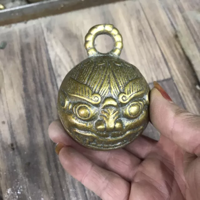 Chinese Cast Bronze Tiger Head Lion Small Bell Amulet Peace Pendant Collection