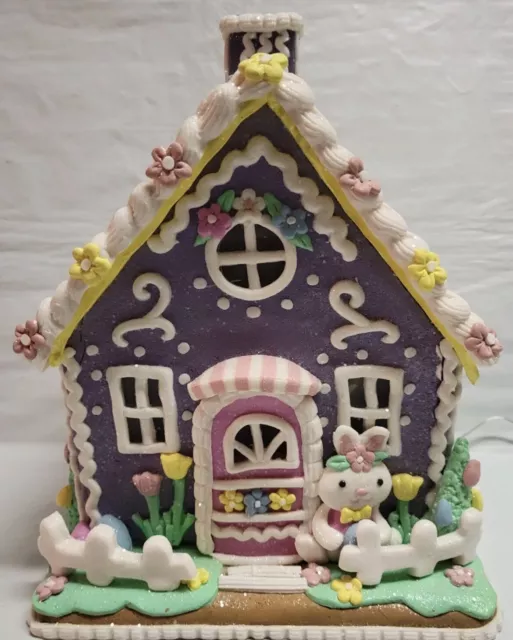 Easter Gingerbread House Clay Dough Purple 9" Light Up Village Cottage Figurine