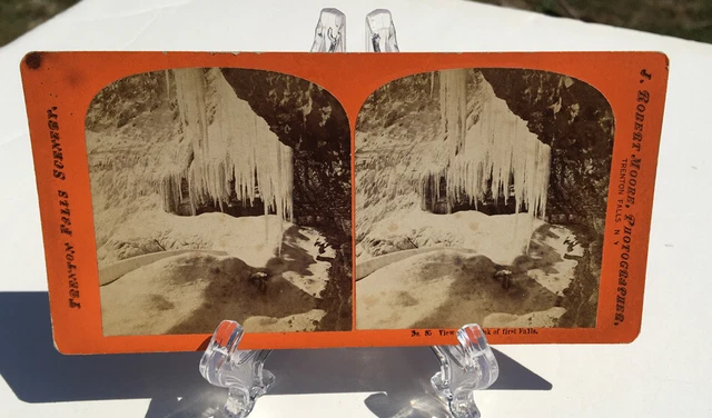 John R. Moore Stereoview Trenton Falls Ny Winter View Brink Of First Falls