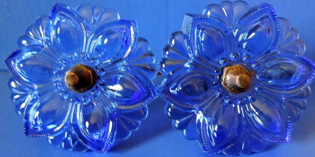 2 Vtg Cobalt Blue Pressed Glass Flower Curtain Tie Back Holders