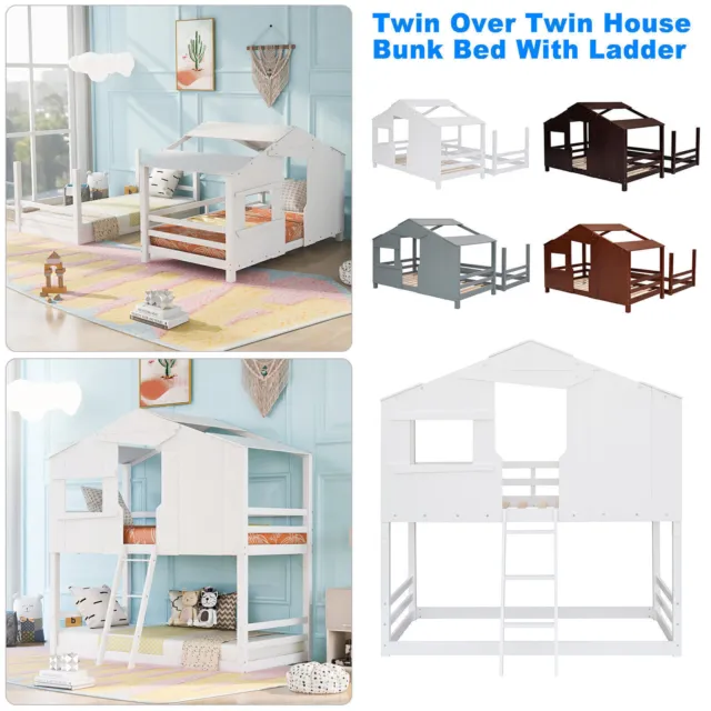Twin Over Twin Bunk House Bed w/Rustic Fence-Shaped Guardrail Ladder Loft Bed