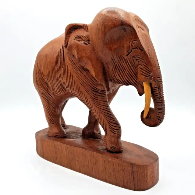 Elephant Sculpture Wood Hand Carved Detailed Standing Figure Statue 9 inch