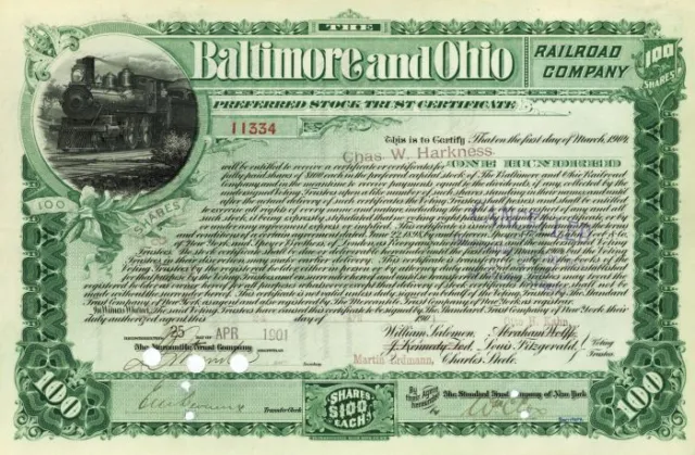 Baltimore and Ohio Railroad issued to and signed by Charles W. Harkness - Railwa