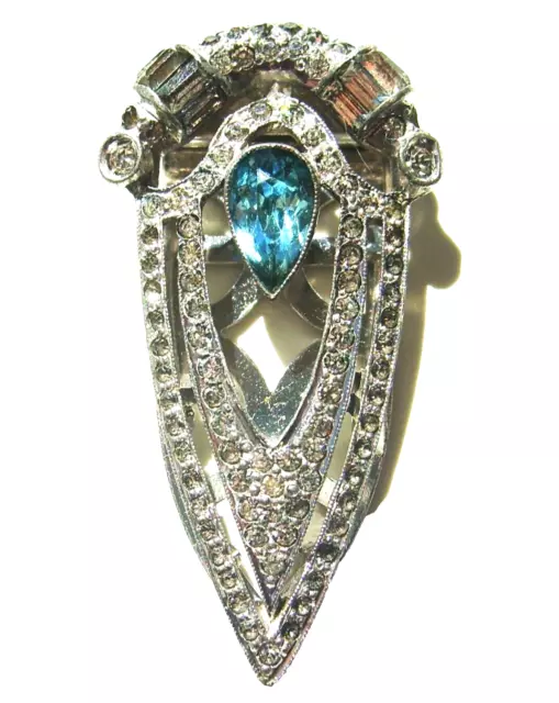 Vintage 1930's Art Deco Silver Tone Aquamarine & Clear Rhinestone Dress Clip 2”