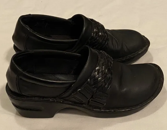 BOC Born Women Wedge Black Leather Clog Shoes w/Braid Front - Size 7 to 7.5