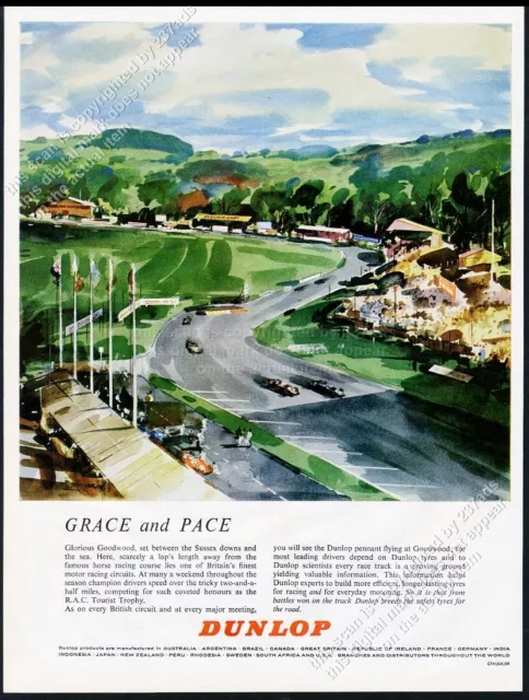 1960 Goodwood racetrack car race track art Dunlop tires vintage print ad