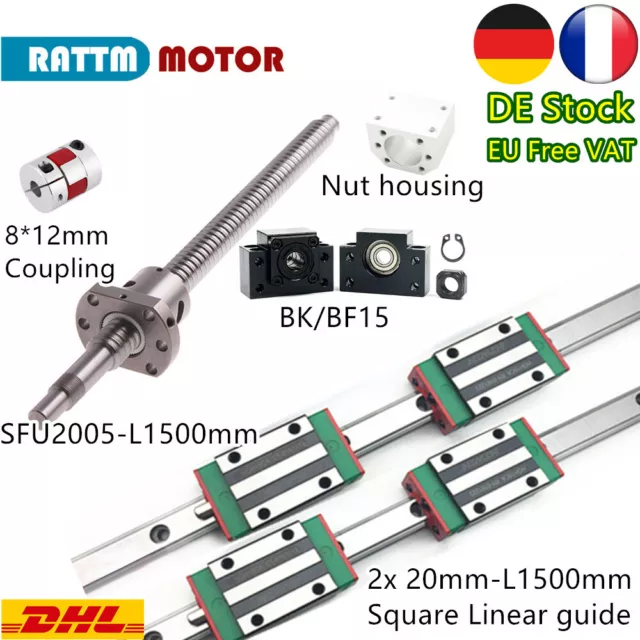 〖FR〗2x Square linear guide 1500mm+ballscrew SFU2005-1500mm+BK/BF15+8*12 Coupling