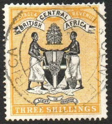 BRITISH CENTRAL AFRICA USED 1895 SG27 3/- Black/yellow