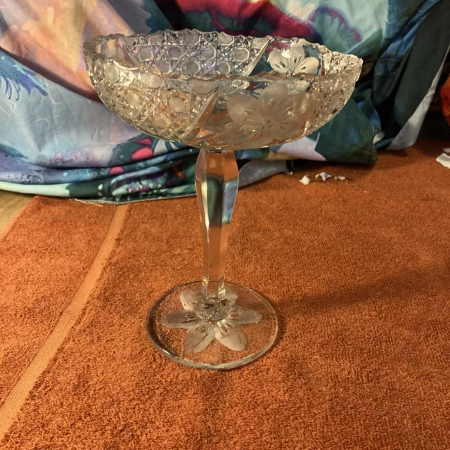 Vintage Cut Crystal Compote or Comport Hobstar 8” Tall w/ Zipper Stem