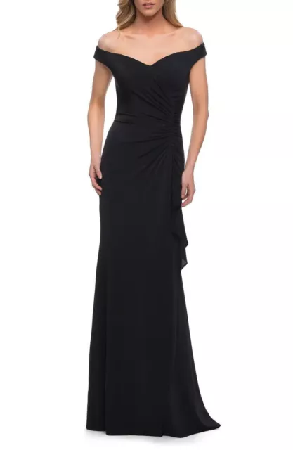 La Femme Black Off the Shoulder Ruched Jersey Gown Size 8 Orig $408