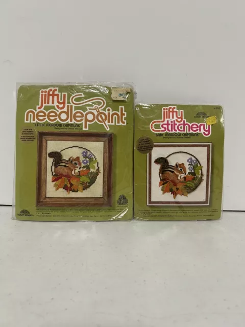 2 Vintage Jiffy Stitchery Needlepoint Kits 520, 5454 Meadow Chipmunk