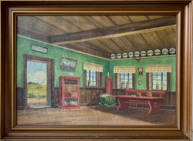 Pintura Al Óleo Interieur Salón de Casa Campo Con Muebles Firmado 55,5 X 75,5CM