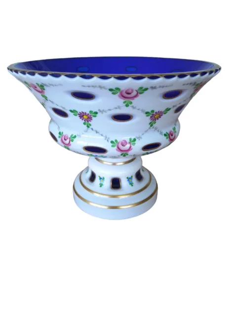 Vintage Moser Bohemian Czech White Cut to Cobalt Blue Compote Pedestal Bowl 3