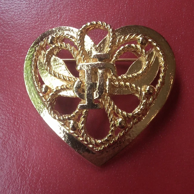 Broche Cœur Vintage En Résine Et Métal Doré Jacques Esterel - Années 80 - Vert émeraude