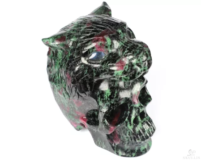 5.3" Ruby Zoisite Hand Carved Crystal Skull and Tiger Sculpture, Crystal Healing