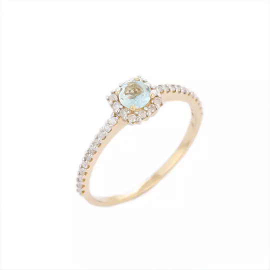 Natural Aquamarine 0.26CT Cushion Halo 14k Solid Yellow Gold Band Promise Ring