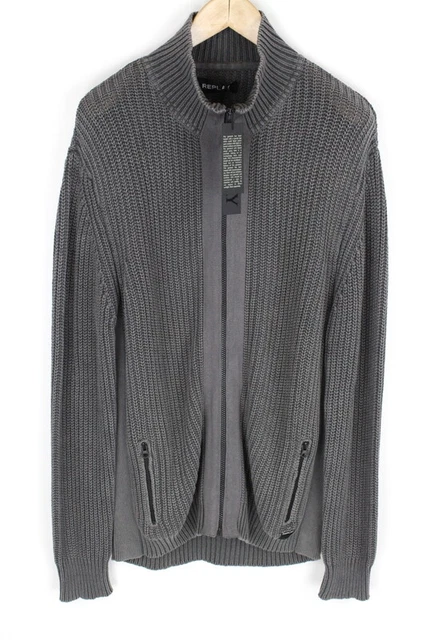 Replay X Grande Uomo Maglione Puro Cotone Zip Treccia Doppia Maniche Lunghe