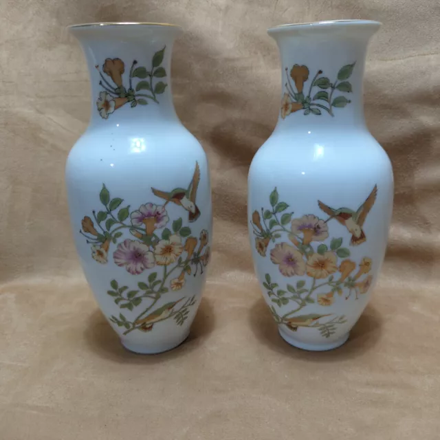 Pair of Art Deco Vases Exotic Hummingbirds Floral Vintage White Base vgc