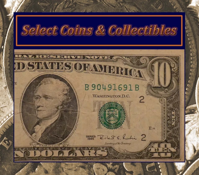 1995 (B) $10 Ten Dollar Bill Federal Reserve Note New York Old Currency #1877