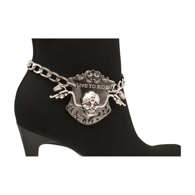 Women Silver Metal Chain Links Boot Bracelet Shoe LIVE TO RIDE Charm Skull Biker