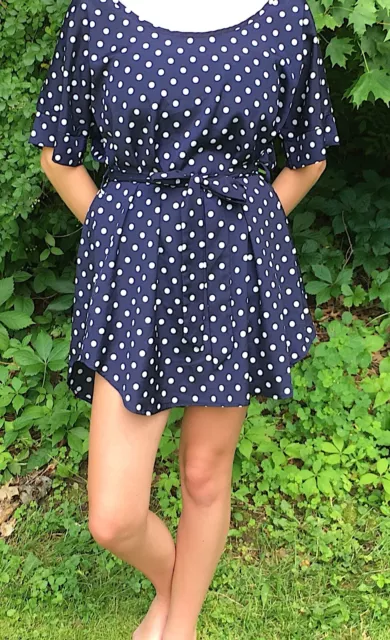 Anthropologie Poema Navy Blue / White Polka Dot Shirt Dress ~ M Medium ~ EUC