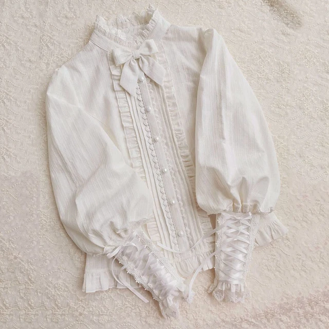 Femme Fille Lolita Haut Chemisier Chemise Bouton Nœud Ruche Manches Ballons
