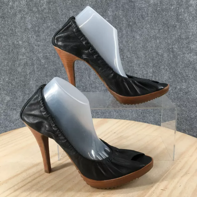 Aldo Shoes Womens 7 Slip On Pumps Black Leather Casual Stiletto Heels Peep Toe