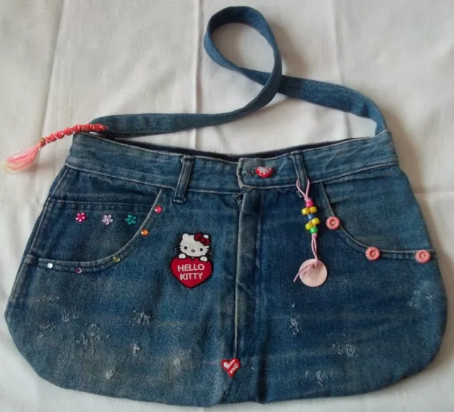 Jeanstasche Schultertasche "Hello Kitty" Straßsteine Handarbeit Upcycling Unikat