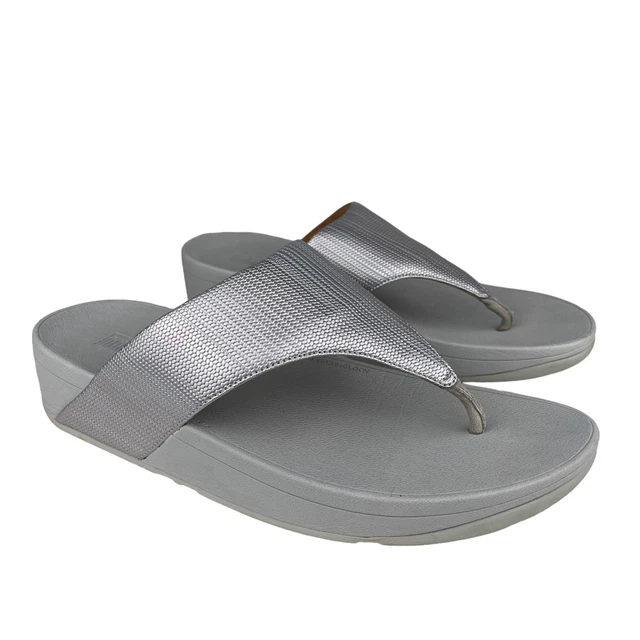 FitFlop Women’s Olive Textured Glitz Toe-Post Sandals Silver Size 10