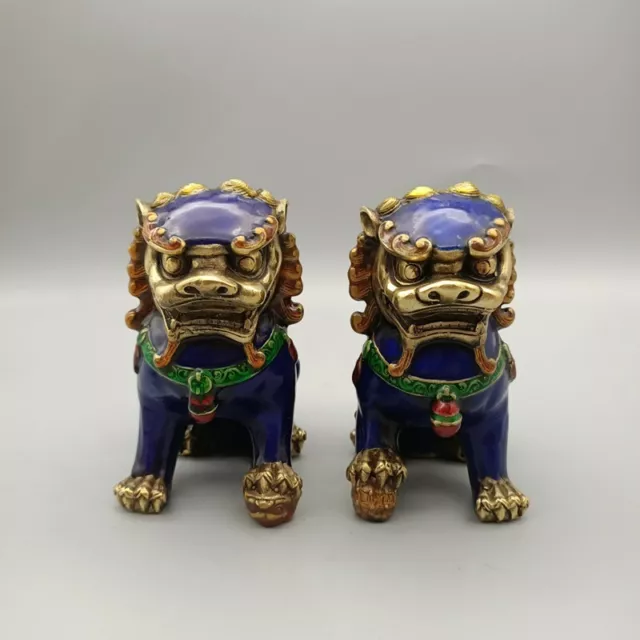 Exquisite Old Chinese copper Cloisonne handmade lion statue Pair 8039