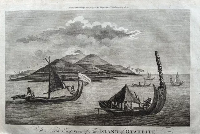 1784 View of Tahiti with Canoes in Captain Cook's Voyages Original Antique Print