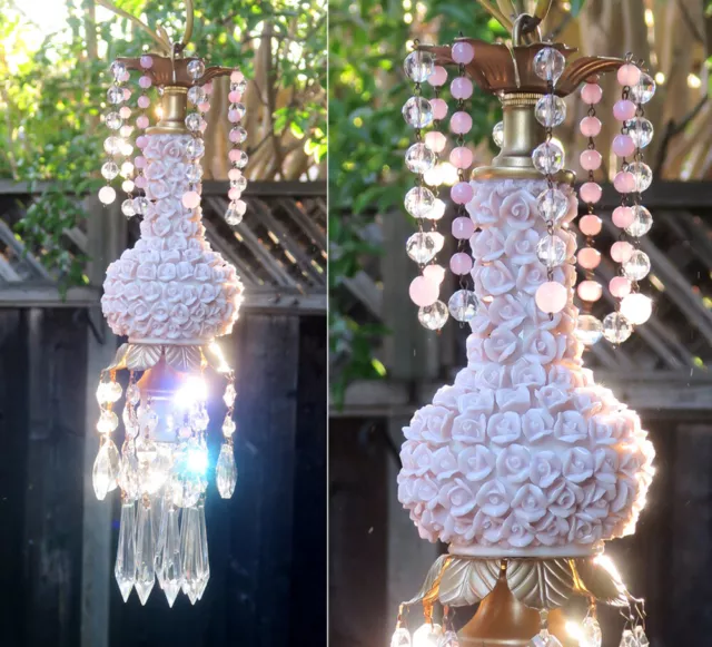 Lamp Porcelain Pink Rose Brass tole chandelier Swag vintage crystal opaline bead